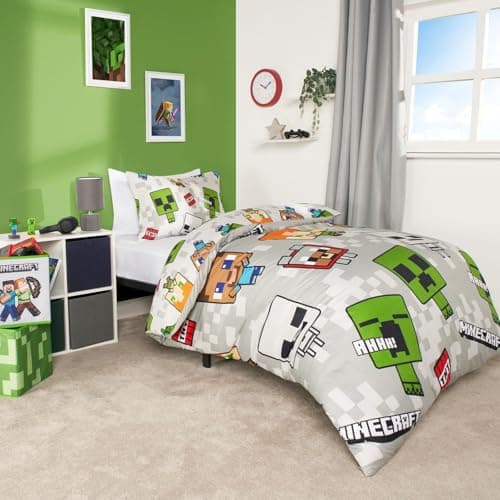 Image of Minecraft Bedding Single, Bedroom Accessories for Boys Duvet Sets for Single Bed Duvet Reversible Characters A Minecraft Movie Gifts, Grey