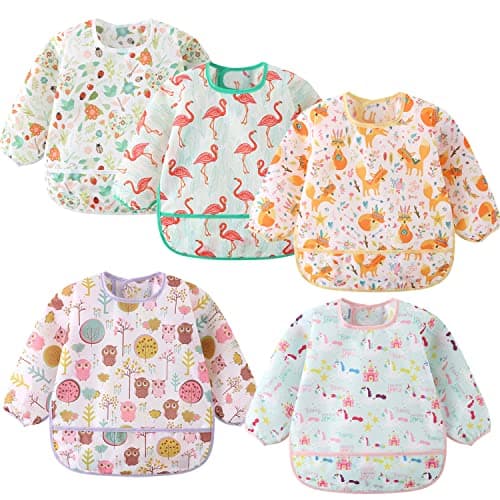 Image of ElecMotive Long Sleeve Bibs 5 Pack Waterproof Sleeved Bib Baby Toddler Soft Bib for 6-30 Months
