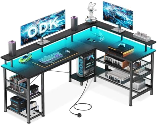 Image of ODK L Shaped Gaming Desk with LED Lights & Power Outlets, 150×102cm Reversible Corner Desk with Storage Shelves, Computer Desks with Monitor Stand, Black