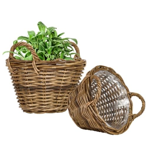 Image of Willow Wicker Planter Set of 2 Watertight Lined Indoor Rattan Planters with Carrying Handles Rustic Style Living Room Hallway Bedroom Kitchen Bathroom Plant Basket (Round, S)