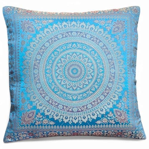 Image of Original Kikan Indian patchwork mandala sari ethnic silk Banarsi cushion covers mandala 16"x16" (blue)