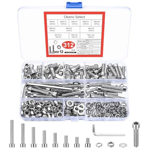 Image of Okeno Select 312 Pcs M6 Screw Assortment Kit, Hex Socket Head Cap Machine Screws with Nuts Set, Stainless Steel Internal Hex Drive Bolts with Washers for Mechanical Maintenance