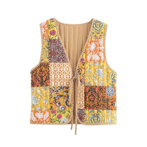 Image of Women Quilted Vest Floral Cropped Puffer Tie Front Sleeveless Lightweight Outwear Padded Gilet Outwear(Yellow,S)