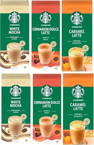 Image of Starbucks Premium Instant Coffee Variety Pack – Includes White Mocha, Caramel Latte & Cinnamon Dolce (Pack of 6, Each Pack 5 Sachets, Total 30 Sachets)