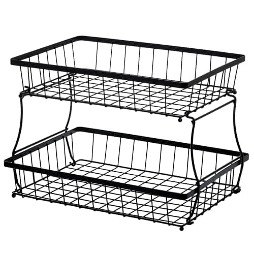 Image of HOSY 2 Tier Steel Basket, Standing Storage Rack Ideas for Fruits, Vegetables, Bread, etc. (14-inch)