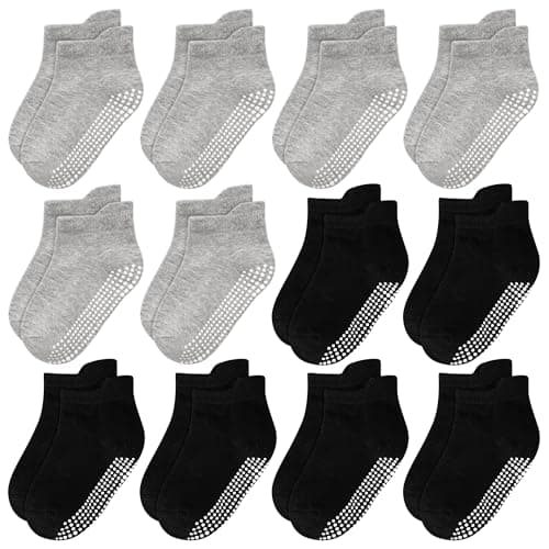 Image of ELUTONG Toddler Non-Slip Ankle Socks, 12 Pairs Baby Cotton Grip Socks for Boys and Girls Aged 1-3 Years (black*6+light grey*6)