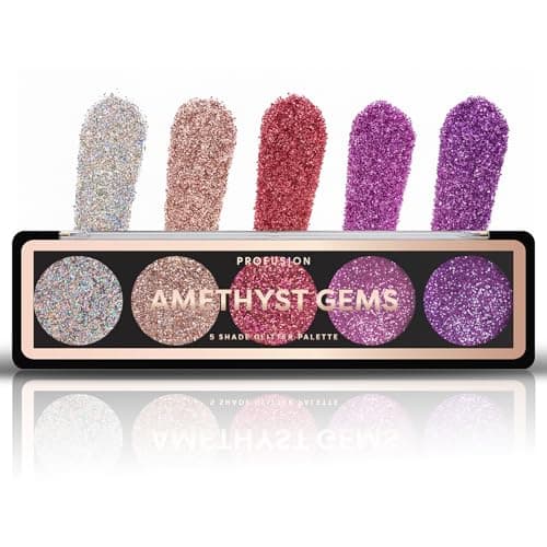 Image of Profusion Cosmetics 5 Shade Glitter Eyeshadow Palette - Vibrant Pressed Pigments with Built-In Primer and Dazzling Shine for Long-Wearing Sparkle Makeup Looks (Amethyst Gems)