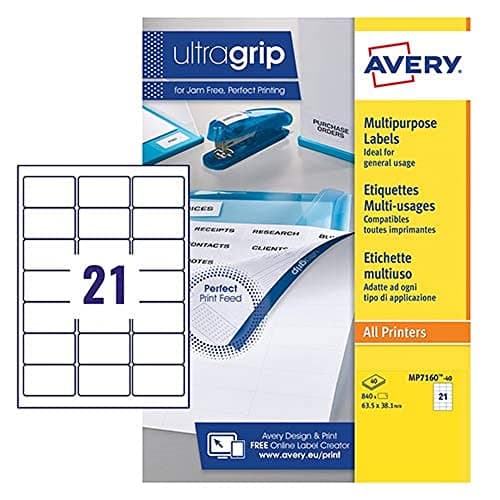 Image of Avery Multipurpose Labels, Customisable, 63.5 x 38.1 mm, White, 21 per Sheet, 840 Blank Labels per Pack, 40 Sheets Blank Printer Label Sheet. (MP7160-40)