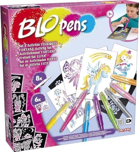 Image of Lansay - BLOPENS - Fairy Activities Set - Blowing Coloring Pens with Reusable Stencils - Gift Idea for Children from 5 Years Old - Fairies, Unicorns & Glitter Mermaids Design Kit
