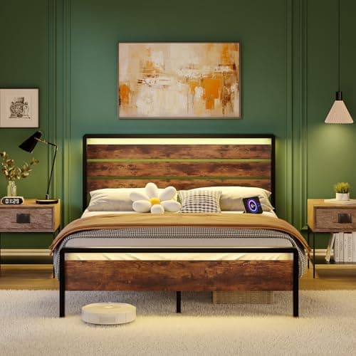 Image of Bonnlo 5ft King Size Bed Frame with Wood Headboard, LED Kingsize Bed Frames with Charging Station/LED Lights/Under Bed Storage, Sturdy Metal Slats Support, No Mattress, 150x200cm, Vintage Brown
