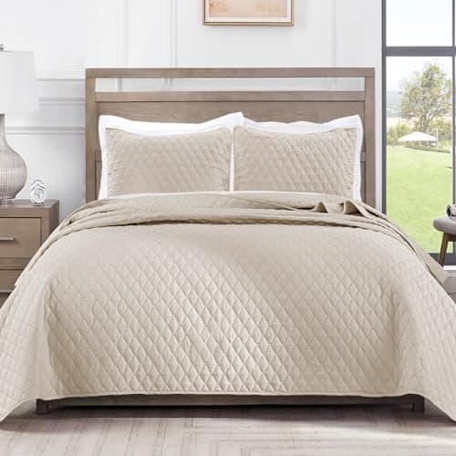 Image of Exclusivo Mezcla Ultrasonic Reversible King Size Quilt Bedding Set with Pillow Shams, Lightweight Quilts King Size, Soft Bedspreads Bed Coverlets for All Seasons - Brich Beige