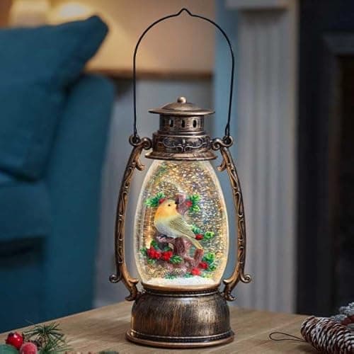 Image of Marco Paul 24cm LED Christmas Snow Globe Decoration Battery Operated Glitter Shaker with Robin Light Up Xmas Lantern Ornament Indoor Festive Holiday Home Décor Display