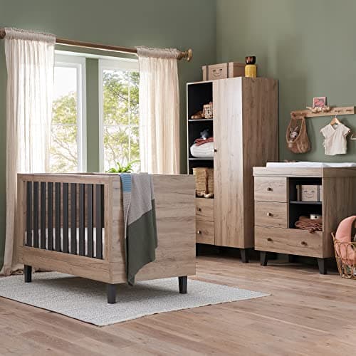 Image of Tutti Bambini Como Nursery Furniture Set (3 Piece) | Convertible Cot Bed, Baby Changing Unit & Baby Wardrobe | Bedroom Furniture Set | Distressed Oak/Slate Grey