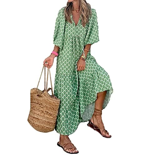 Image of Womens 3/4 Puff Sleeve Summer Boho Dress Front Tie Neck Vintage Floral Print Tiered Ruffle Hem Casual Loose Flowy Maxi Dress (Light Green, Small)