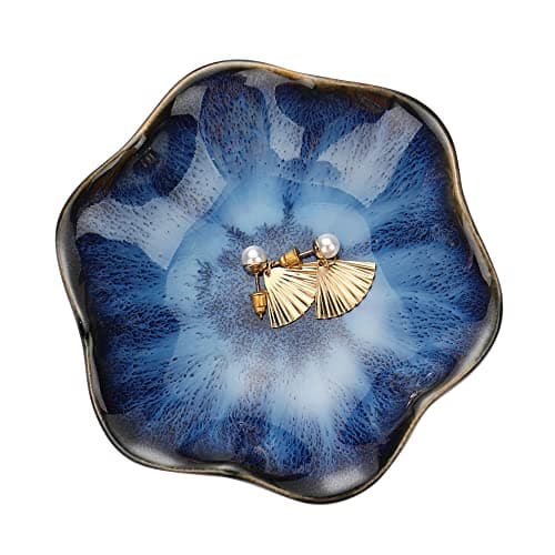 Image of Ceramic jewelry dish,gifts for women her leaf jewelry Plate trinket key tray small ring dish holder nightstand decor home decor Christmas Birthday Friendship Gift for friend girl colleague (Blue)