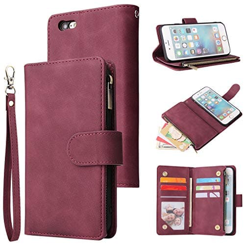 Image of QLTYPRI Case for iPhone 6 iPhone 6S, Large Capacity Leather Wallet Case 6 Card Holder & 1 Zipper Pocket Kickstand Wrist Strap Magnetic Shockproof Phone Cover - Red