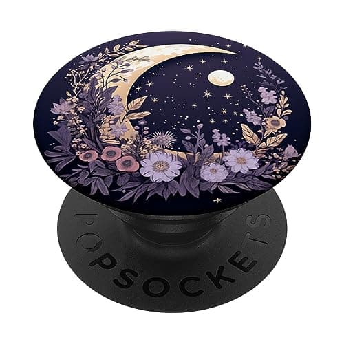 Image of PopSockets Boho Moon And Wildflowers Adhesive PopGrip - Black - Floral Pattern - Swappable Top - Phone Grip - Compatible with Mobile Devices