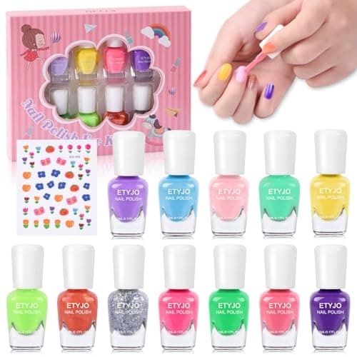 Image of ETYJO Nail Varnish Sets for Girls, 12 Candy Colors Non-Toxic Peel-Off Kids Nail Polish Sets with Flower Nail Stickers, Quick Dry Water-Based Kids Nail Varnish Set Gift for Teenage Girls 3+