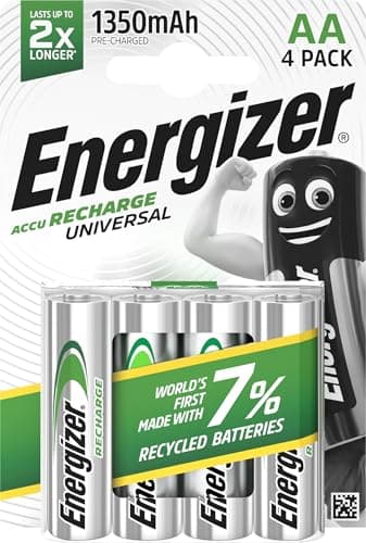 Image of Energizer Recharge Universal - Rechargeable AA Batteries (4 Pack) - 1350 mAh NiMH Double A Battery - 100% Recyclable Plastic Free Packaging