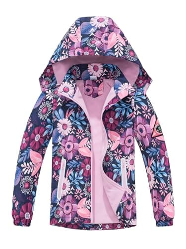 Image of NATUST Girls Fleece Lined Raincoat Waterproof Jackets with Removable Hood Kids Active Jacket Flower Print 7-8 Years