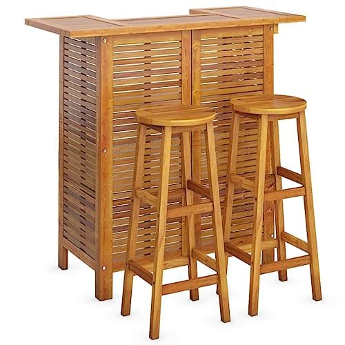 Image of vidaXL Solid Acacia Wood Garden Bar Set - 3 Piece Bistro Table and Stools Set for Patio, Terrace, Outdoor Dining - Oil-Finished, Sturdy, Comfortable, and Versatile