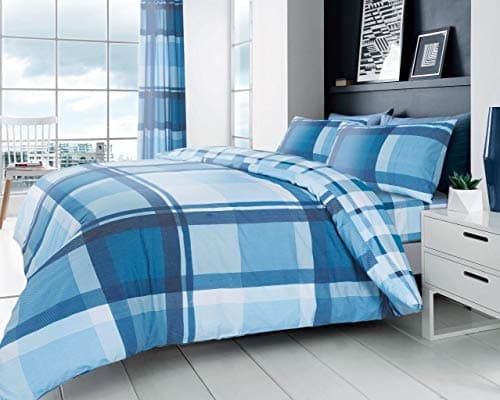 Image of GC GAVENO CAVAILIA Checkered Duvet Cover Set Double, Soft and Warm Polycotton Printed Bedding Set with Matching Pillowcases, Blue