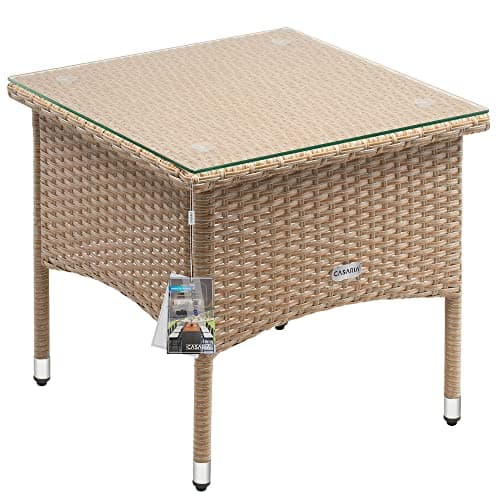 Image of CASARIA® Square Poly Rattan Garden Coffee Side Table | Weatherproof With Glass Top | 50x50x45cm | Height Adjustable Feet | Indoor Outdoor Patio Terrace Balcony Conservatory Furniture | Beige