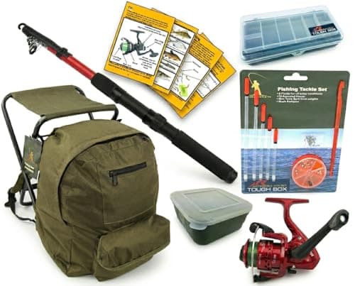 Image of Roddarch Junior Complete Fishing Kit with Folding Stool Backpack 2m Telescopic Rod, Pre-Spooled Reel & Loaded Tackle Box All-in-One Kids Beginner Angling Set for Outdoor Adventures