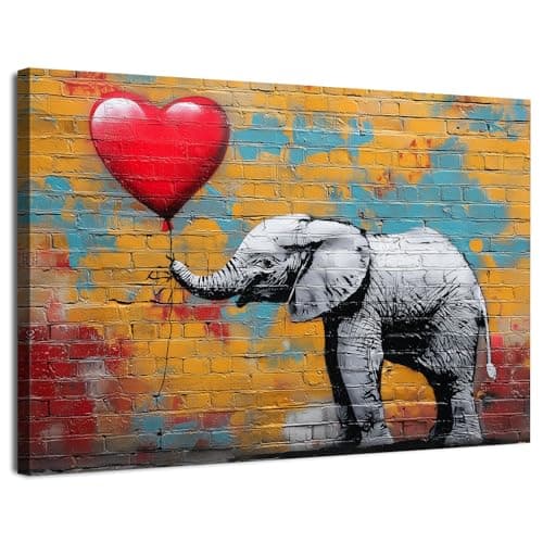 Image of Banksy Canvas Wall Art Funny Graffiti Elephant Pictures Prints Street Pop Artwork Elephant with Red Balloon Wall Decor Funky Graffiti Painting Modern Home Decoration for Living Room Bedroom 30x40cm
