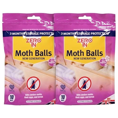 Image of ZINNIAUK Zero In Moth Balls Pack of 2, 20 Balls New Generation Linen Fragrance Kills Clothes Moths Eggs and Larvae 3 Month Storage Protection for Wardrobes Drawers Clothing Storage Wool Care