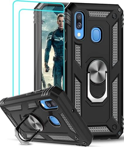 Image of LeYi Case for Samsung Galaxy A40 [2 Pcs Tempered Glass Screen] Ring Stand, Military Double Layer Reinforced Defense Bumper TPU Silicone Shockproof Armor Protection Case Cover Samsung A40 Black