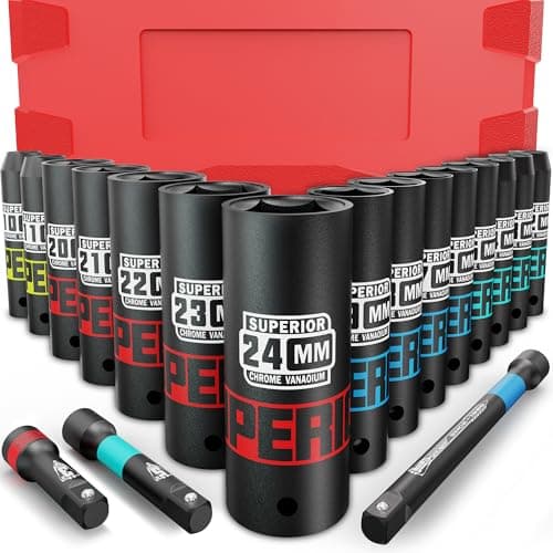 Image of KIRXST 1/2 Inch Drive Impact Socket Set, 18 Piece Deep Sockets 10-24 mm, Metric Socket Set with 3" 5" 10" Extension Bar for Automotive Trucks Tractors Engines Repairing DIY Mechanic Tool