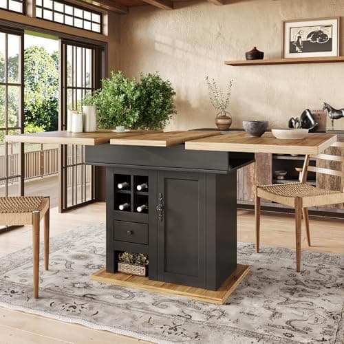 Image of BTM Extending Dining Table with Drawers & Wine Rack, Space Saving Kitchen Extendable Tables 4-6 for Living Room, Black