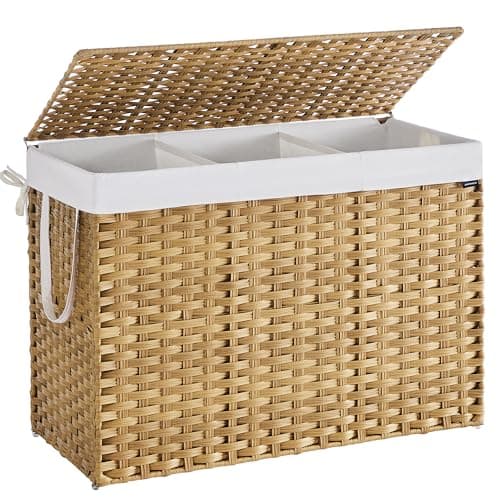 Image of SONGMICS Laundry Basket, 200 L Synthetic Rattan Storage Basket with Lid and Handles, Wicker, Foldable, Removable Liners, for Blankets, Clothes, Living Room, Laundry Room, Natural Colour LCB320Y01