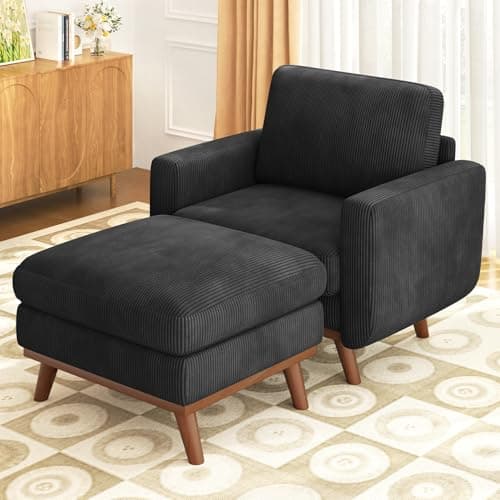 Image of Vesgantti Accent Chair with Movable Ottoman, Comfy Corduroy Armchair with Spring Cushion, Reading Chair with Ottoman, Modern Single Sofa for Living Room, Bedroom and Apartment, Black
