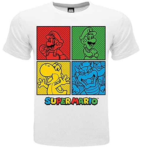 Image of T-Shirt Super Mario Official Mario Luigi Yoshi Bowser 4 Dials White T-Shirt Original. (UK, Age, 14 Years, 15 Years, Regular, White)