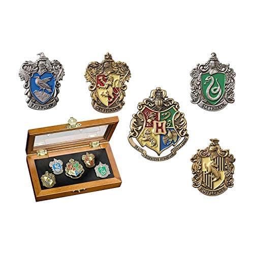 Image of Hogwarts House Pins by The Noble Collection - Set of 5 Metal, Hand-Enamelled House Pin Badges Supplied in a Wooden Display Case - Officially Licensed Harry Potter Movie Collectable