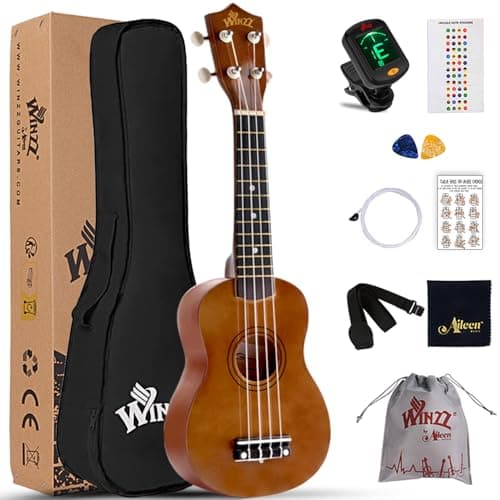 Image of Winzz Soprano Ukulele Starter Kit For Beginners with Bag, Clip-On Tuner, Extra Strings, Strap, Plectrum, Fret Stickers, Chords Card, Polishing Cloth, Brown