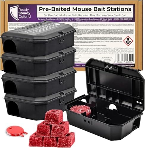 Image of Ready Steady Defend - Mouse Poison Bait Stations for Mice (Pack of 5) - Tamper-Resistant Pre-Baited Control Boxes - Brodifacoum Formula - Indoor Property Treatment Kit - Protects Non-Target Animals