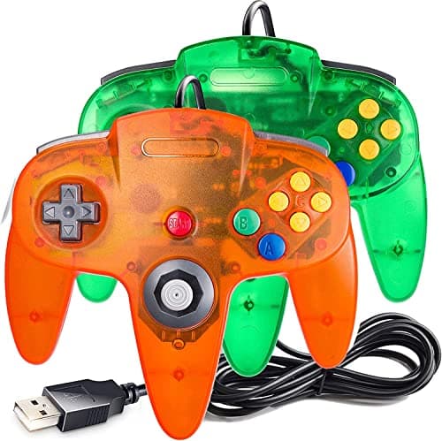 Image of 2 Pack USB Wired N64 Controller, miadore Classic N64 PC Gamepad Joystick Controller for Windows PC MAC Linux Raspberry Pi 3 (Green/Orange)
