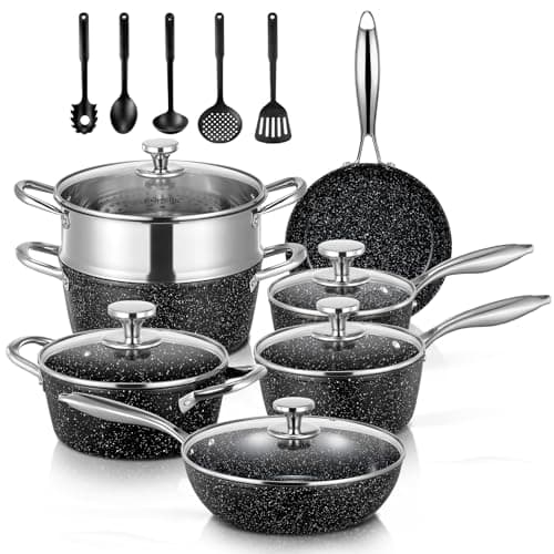 Image of FOHERE Nonstick Pots and Pans Set with Lids 17 PCS, Aluminum Induction Ceramic Coating Kitchen Cookware Sets with Frying Pans, Saucepans, Stock Pot, Black