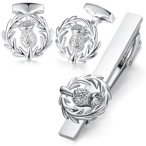 Image of HONEY BEAR Scotland Scottish Thistle Cufflinks Tie Clip Set for Mens Shirt Wedding Business Gift,Silver