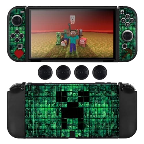 Image of DLseego Protective Case for Switch OLED,Slim Soft Dockable Protective Shell Scratch Resistant TPU Protector Cover with 2 JoyCon Cover and 4 Joystick Grip Caps-Green OLED