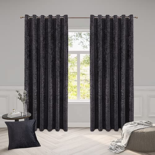 Image of ROOEE Luxury Crushed Velvet Curtains PAIR Fully Lined Eyelet Ring Top For Bedroom, Living Room, Kitchen, Office (Black, 46" Wide x 90" Drop)