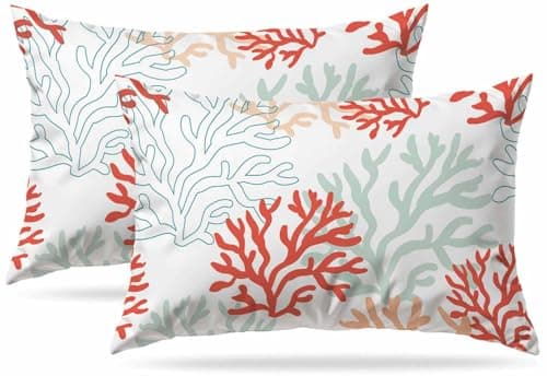 Image of Set of 2 Pack Cushion Cover, Red Pink and Mint Corals Tropical Reef Nautical Soft Short Plush pillow covers, Rectangle throw pillowcase with invisible zipper for sofa & couch 30 x 50 cm