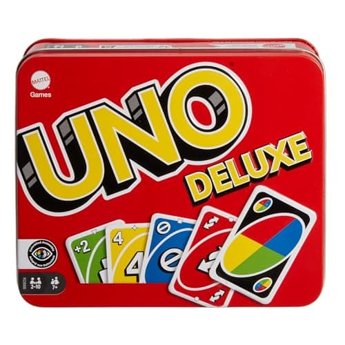 Image of Mattel Games UNO Deluxe, Classic Card Game for Kids and Adults for Family Game Night, Use as a Travel Game or Engaging Gift for Kids, 2 to 10 Players, Ages 7 and Up, K0888