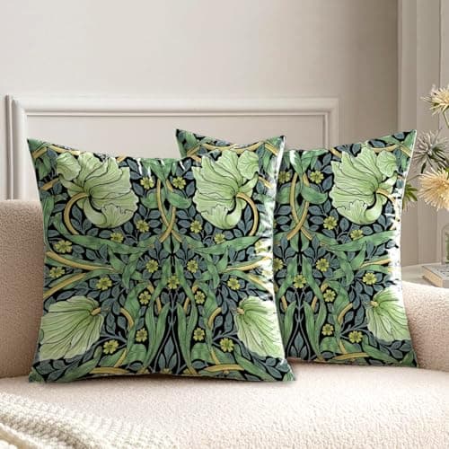 Image of HUASHUZI Cushion Covers William Morris 45x45cm Green Leaf Decorations Double Sided Pattern Throw Pillow Case Set of 2 Home Decor for Sofa Bench Couch