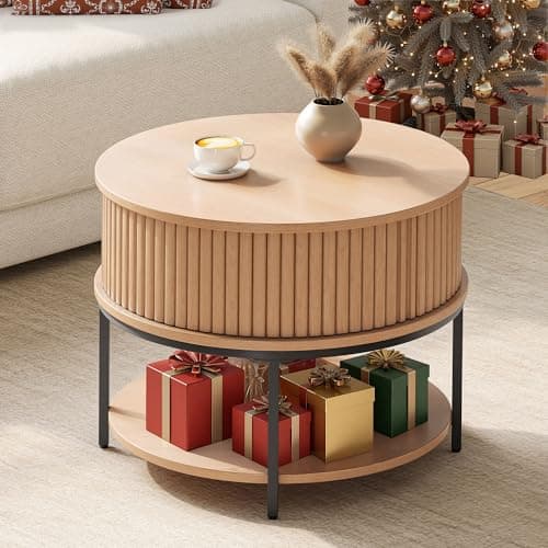 Image of YITAHOME Round Coffee Table, Coffee Table with 2-Tier Storage Space, Fluted Coffee Tables with Tambour-Design Sliding Doors for Living Room, Wooden Accent Center Table, Wood Color