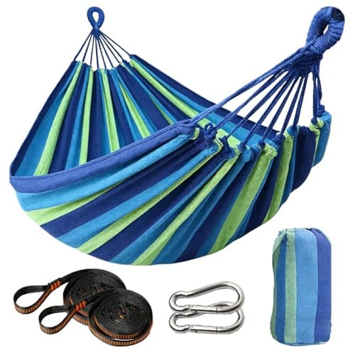 Image of Ovyuzhen Hammock, Single/Double Outdoor Garden Camping, Canvas Soft Swing Sleeping, Portable with Carrying Bag for Patio Yard Backyard Porch Travel (Blue, 250X150cm)
