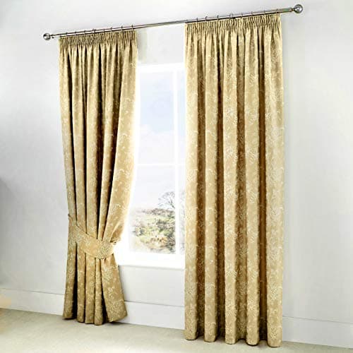 Image of Dreams & Drapes Pencil Pleat Curtains – Champagne Floral Jacquard – W66 x L72 (168 x 183cm) – 2 Panels with Tiebacks – Light Yellow Lined Curtains for Bedroom & Living Room